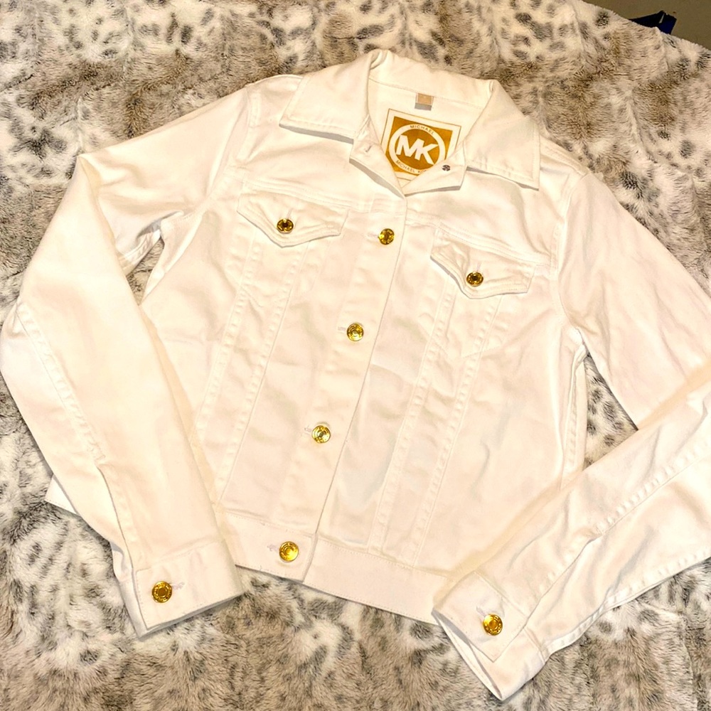 Michael Kors white denim jacket with gold buttons